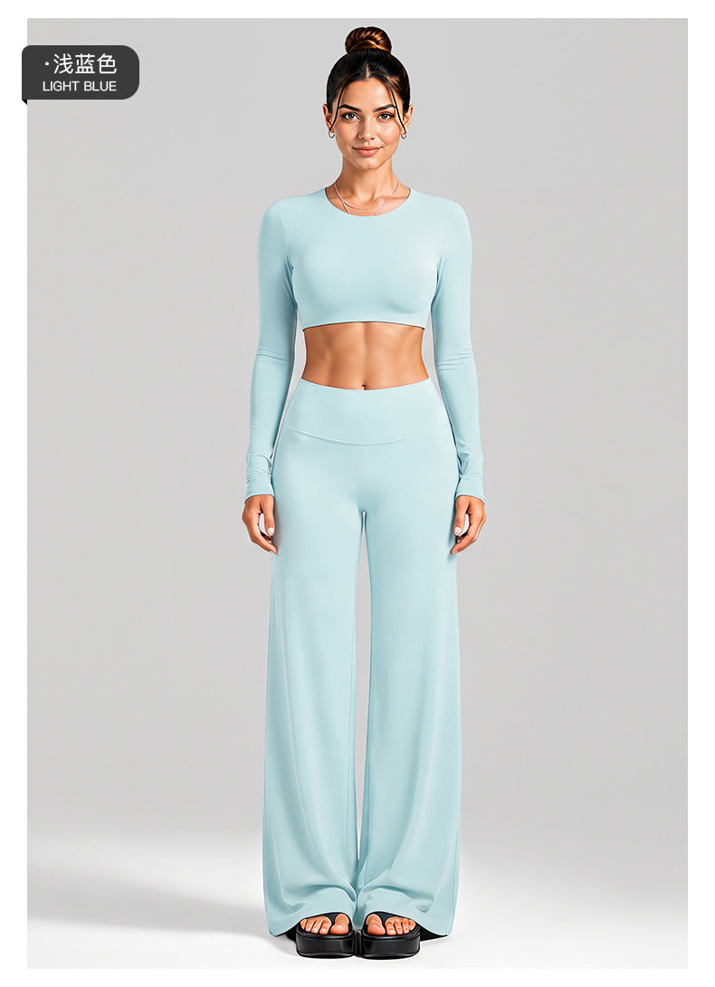 Wholesale Women’s Activewear Set | Cutout Back Long Sleeve Tee & High-Waisted Loose Pants | fouregg