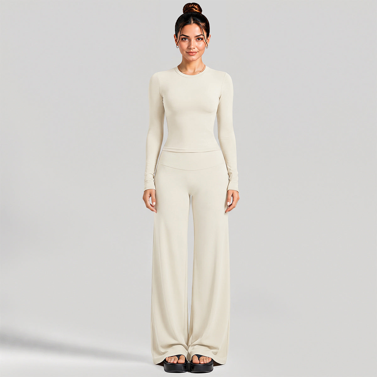 Wholesale Women’s Activewear Set | Fitted Long Sleeve Tee & Loose Straight-Leg Workout Trousers | fouregg - Long Sleeve + Straight-Leg Pants, Egg White