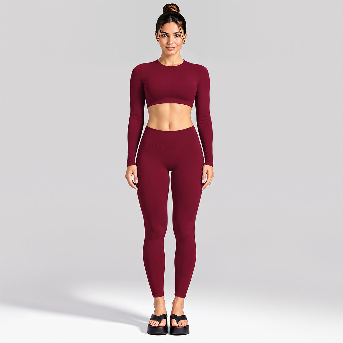 Wholesale Women’s Activewear Set | Cutout Back Long Sleeve Tee & High-Waisted Loose Pants | fouregg - Long Sleeve + Leggings Rumba Red