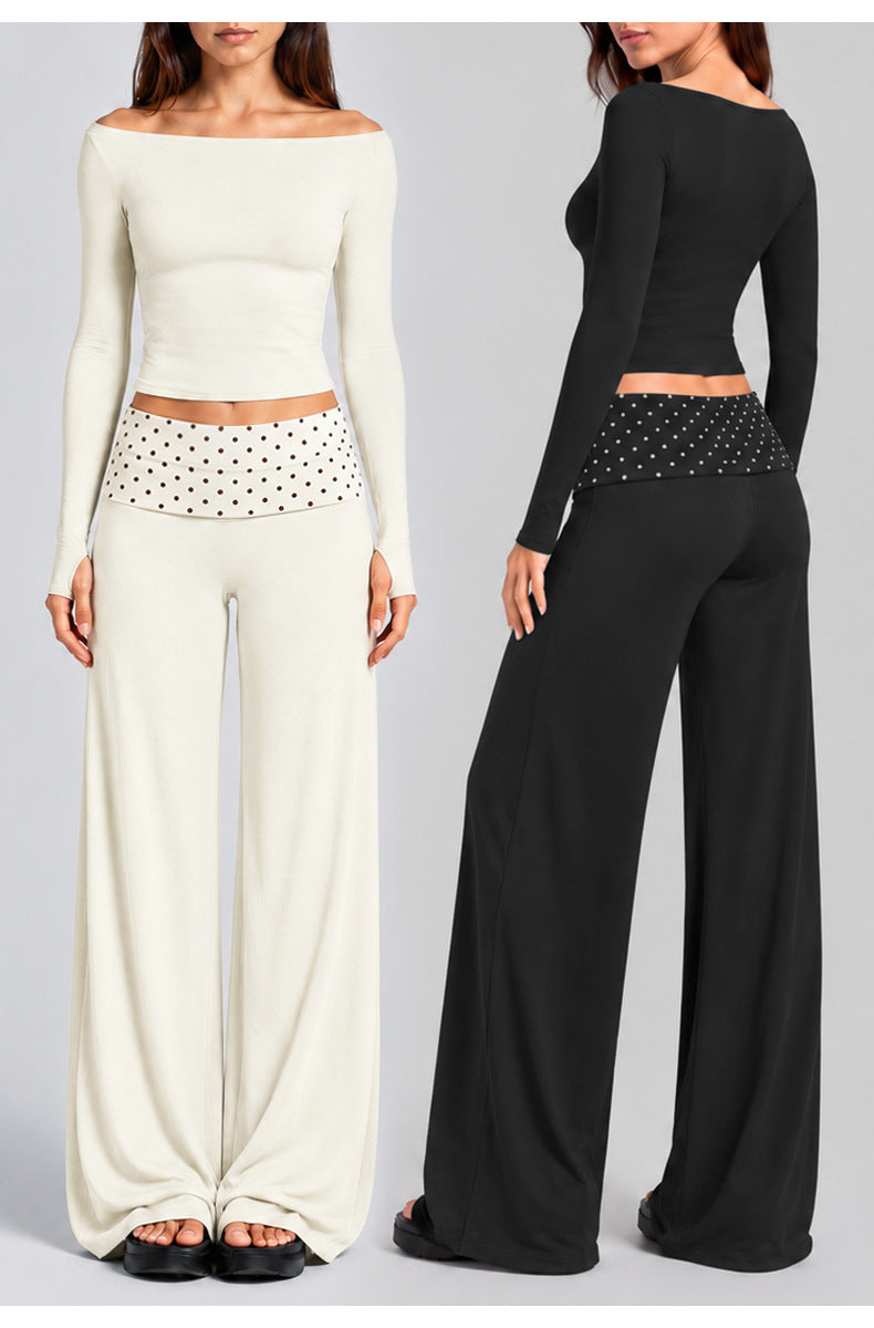 Wholesale Women’s Activewear Set | Slim-Fit Off-Shoulder Tee & Contrast Polka Dot Straight-Leg Pants | fouregg