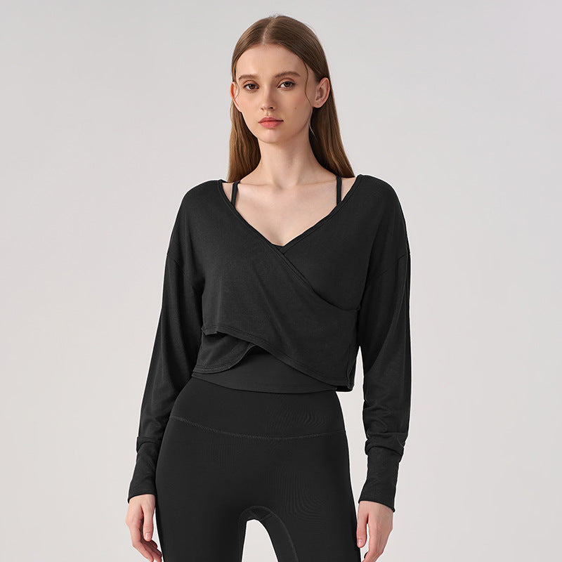 Wholesale Women’s Crossover Yoga Cardigan | Premium Lightweight Loose-Fit Activewear Jacket | fouregg - Black