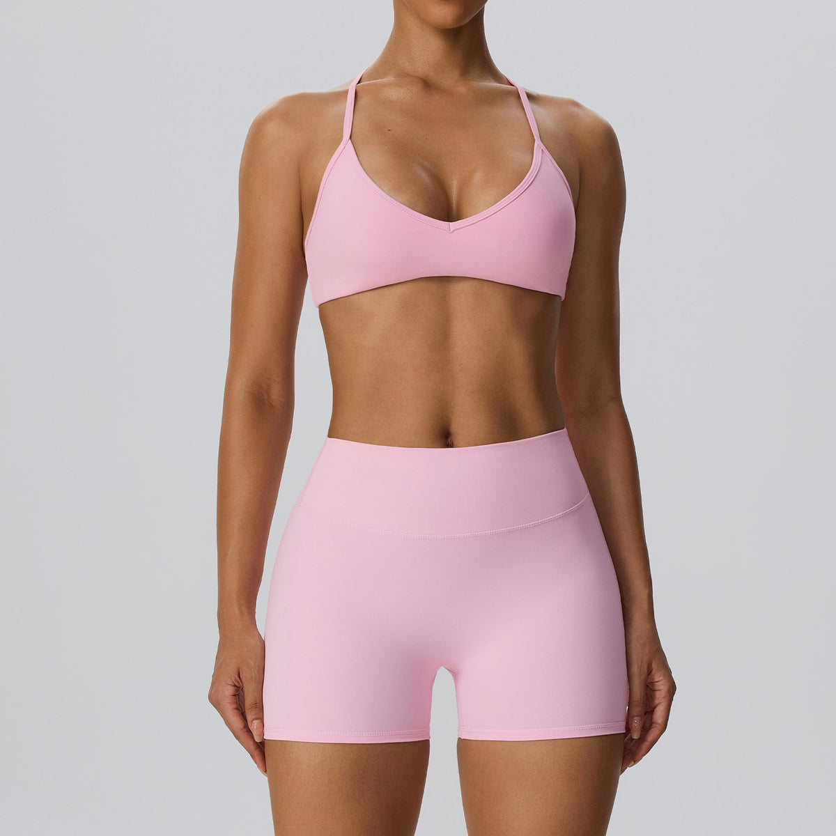 Wholesale Women’s 2-Piece Activewear Set | Bulk Brushed Sports Bra & Sculpting Biker Shorts | fouregg - Peach Pink