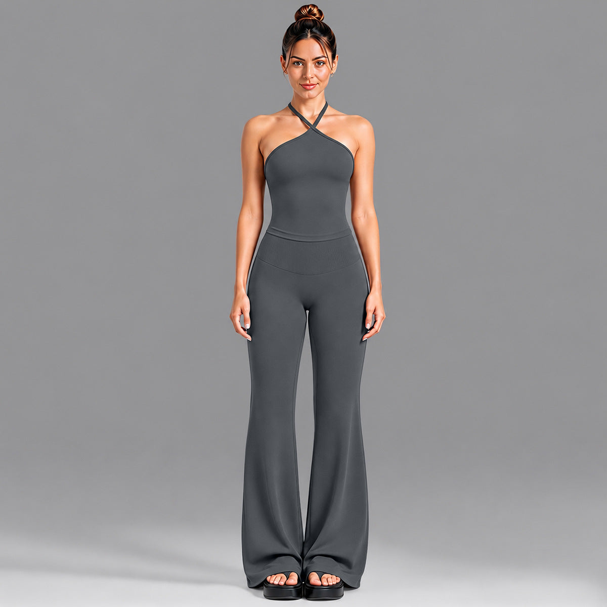 Wholesale Women’s Activewear Set | Contrast Stripe Workout Top & Casual Fitness Leggings | fouregg - Tank Top + Flared Pants, Shark Gray