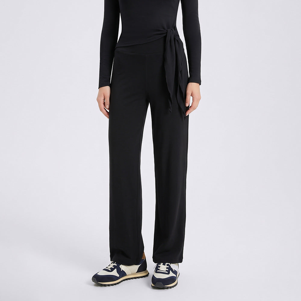 Wholesale Thermal Activewear Pants | Relaxed-Fit Fleece-Lined Wide-Leg Workout Trousers | fouregg - Black