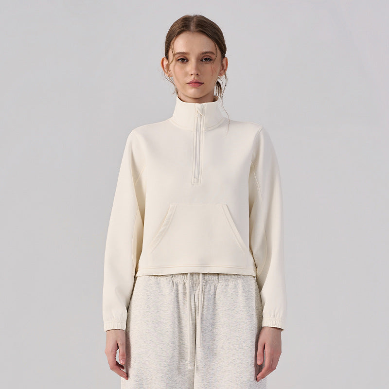 Wholesale Women’s Cropped Sweatshirt | Bulk Relaxed-Fit Half-Zip Workout Top | fouregg - White