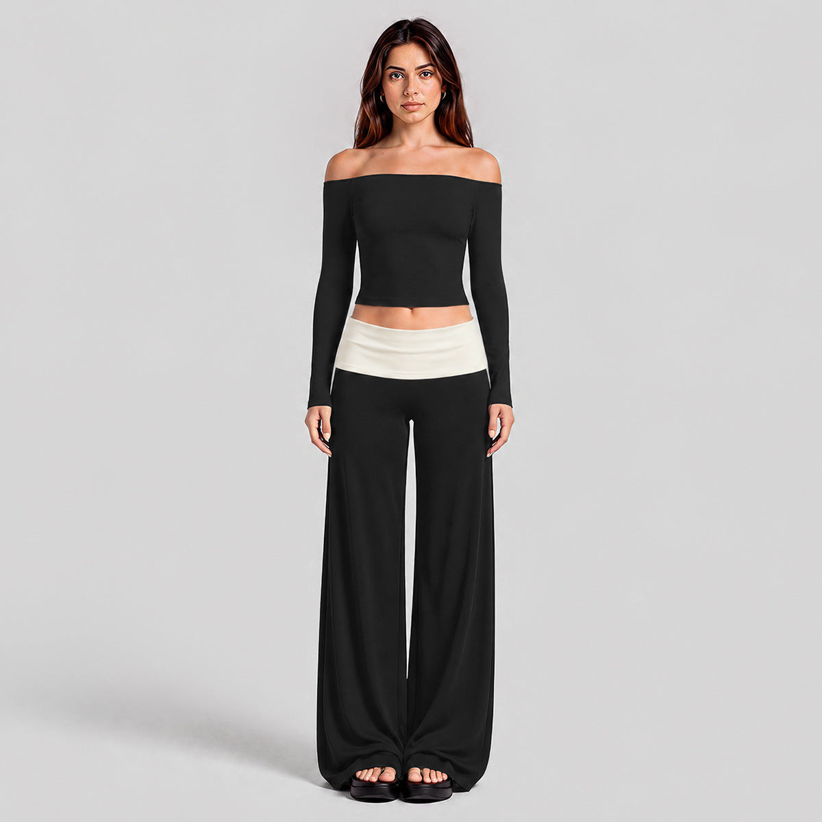 Wholesale Women’s Activewear Set | One-Shoulder Long Sleeve Top & High-Waisted Casual Yoga Pants | fouregg - Long Sleeve + Long Pants, Black