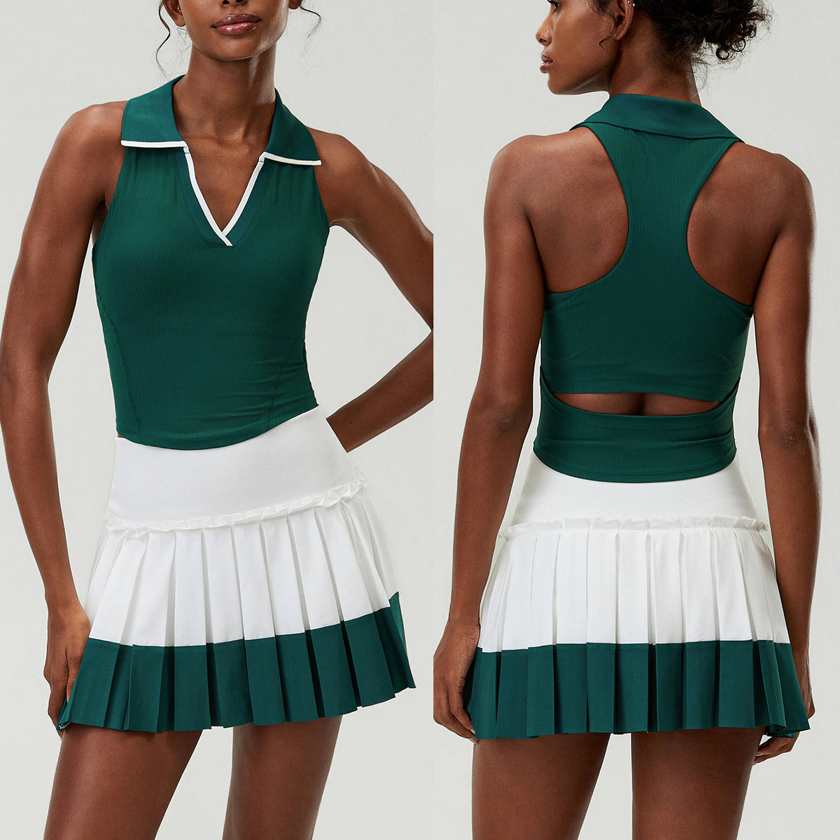 Wholesale Women's 2-Piece Sports Skirt Set | Cutout-Waist Tank Top & Puff-Edge Skirt | Quick-Dry Activewear | fouregg - Vintage Green