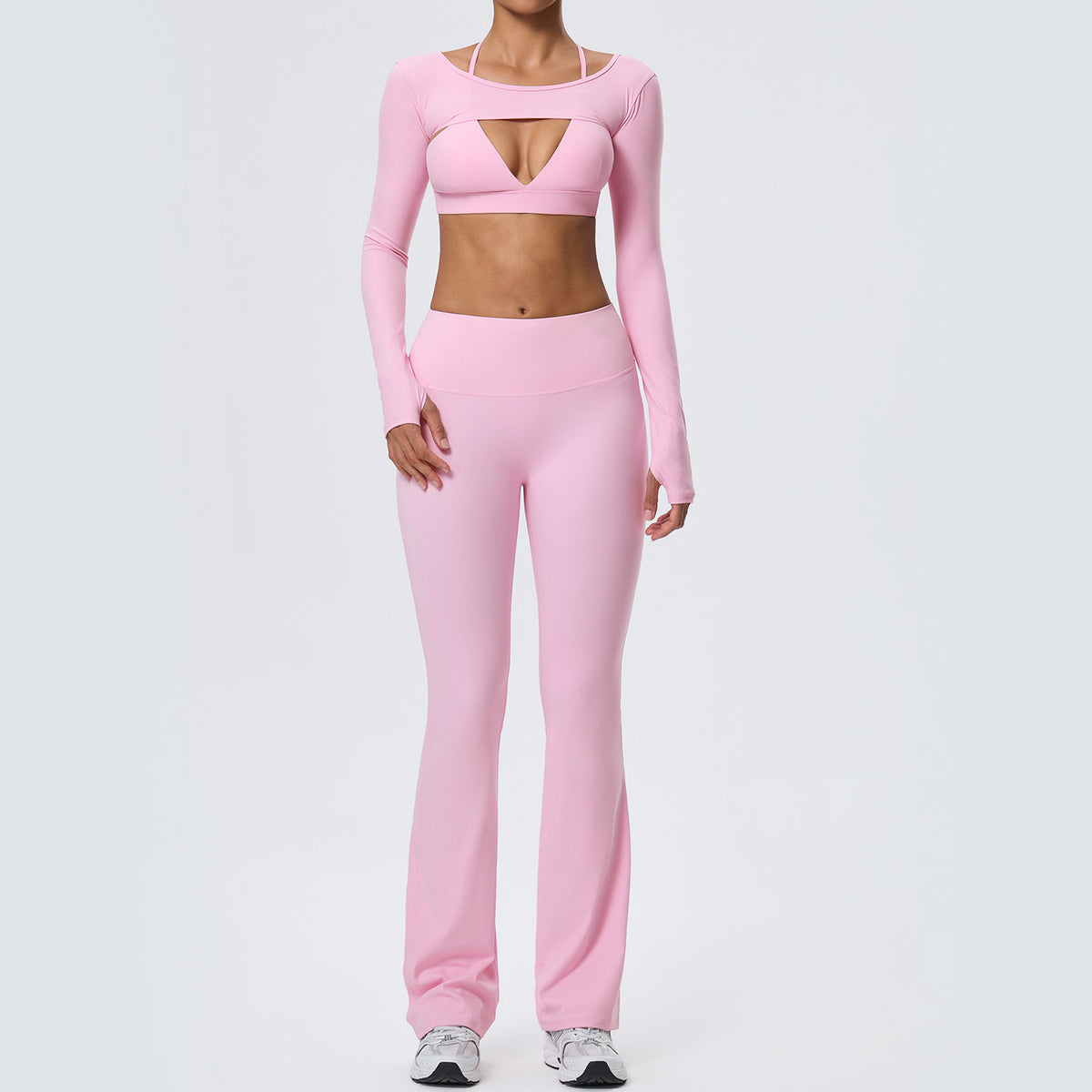 Wholesale Nude-Feel Activewear Set | Double-Brushed Bra, Butt-Lift Flare Pants & Cover-Up | fouregg - Peach Pink