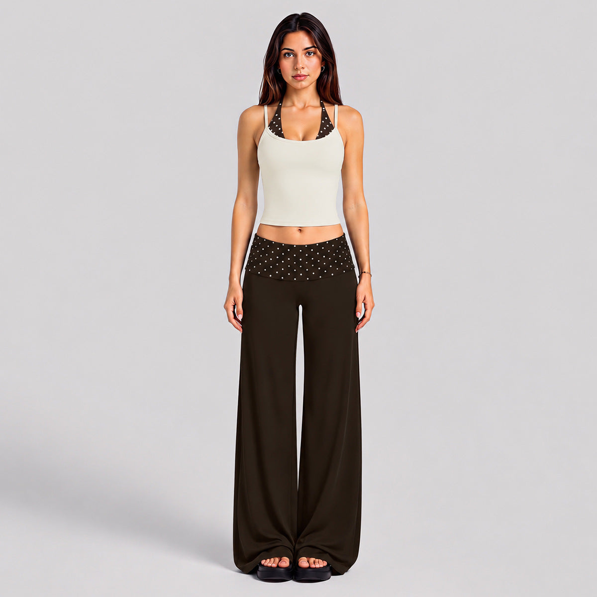 Wholesale Women’s Activewear Set | Halter Sports Top & Color-Block High-Waisted Yoga Pants | fouregg - 6147 Tank + 6181 Pants, Albumen White