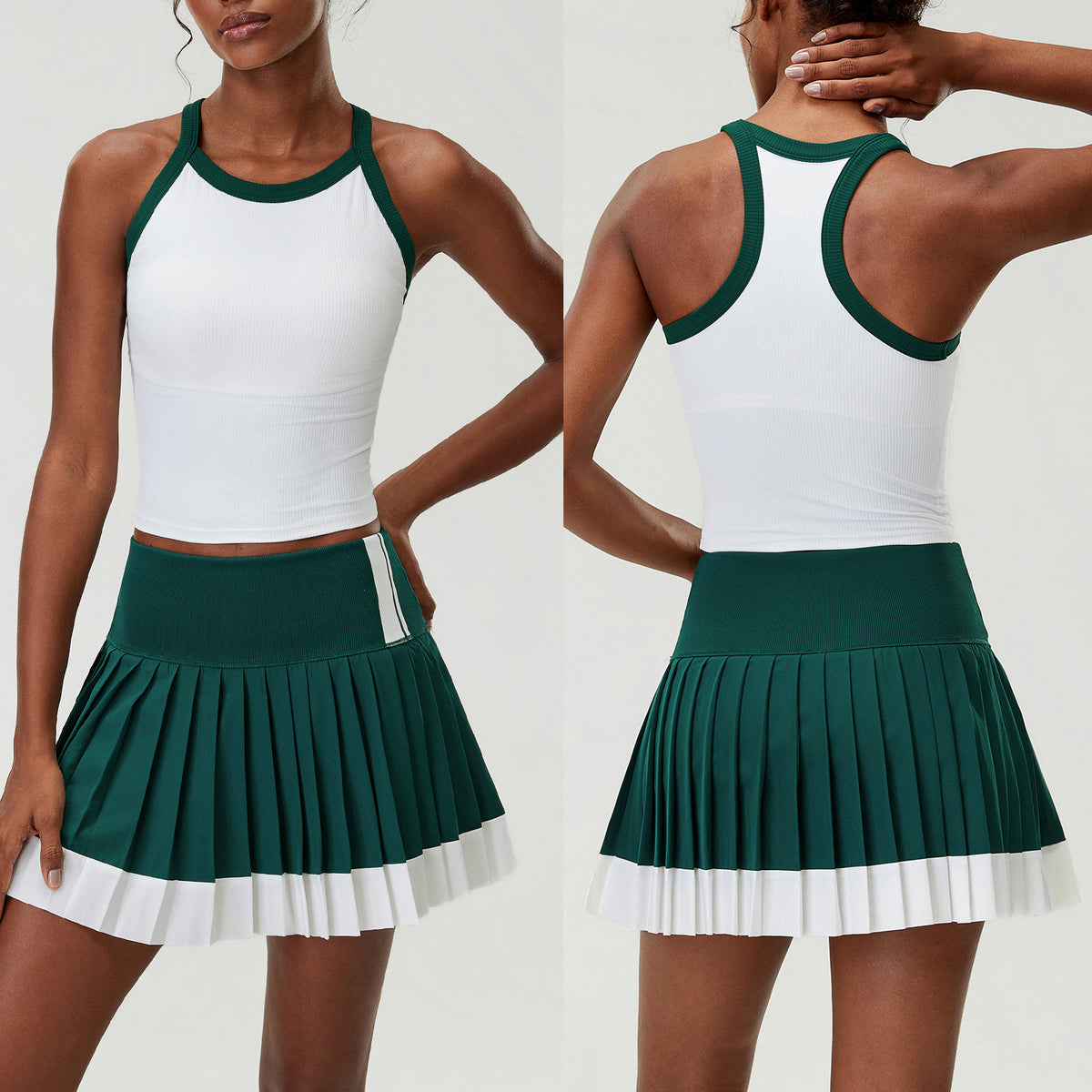 Wholesale Women’s Pleated Athletic Skirt | Plus-Size Tennis, Running & Badminton Skort | fouregg - YB624 Tank Top + SP669 High-Waisted Tennis Skirt Set Vintage Green