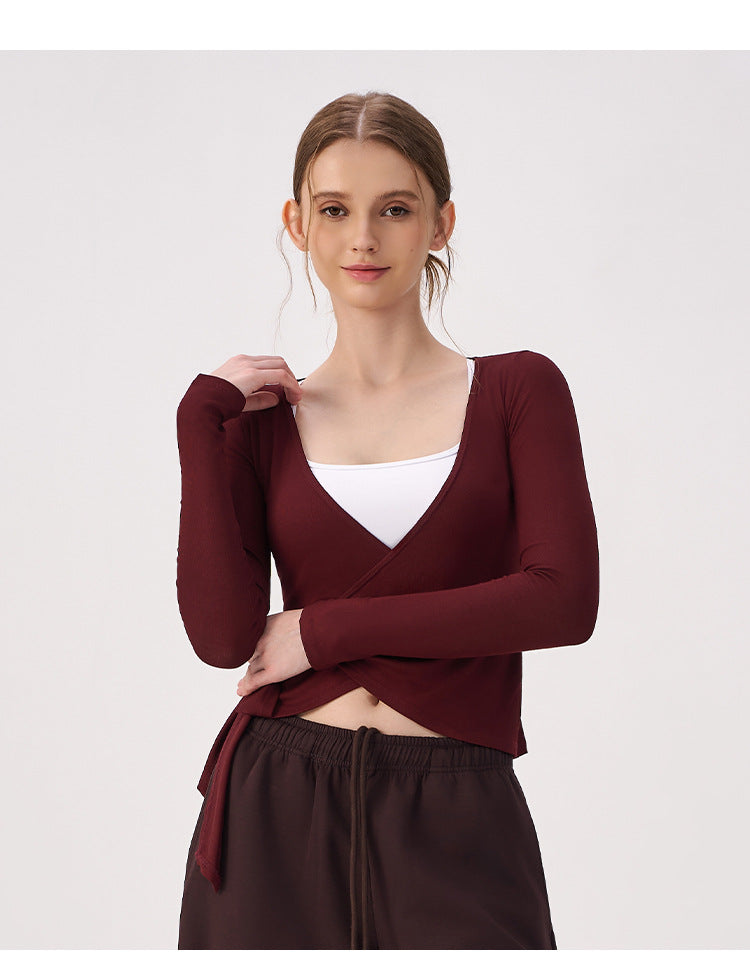 Wholesale Women’s Wrap Yoga Top | Thin Long-Sleeve Crossover Cardigan for Pilates & Activewear | fouregg