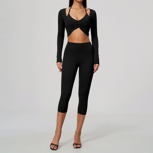 Wholesale Brushed Activewear Set 5529 | Tummy-Control, Butt-Lifting Yoga & Running Outfit | fouregg - 5529 Bra + Shorts + 5529-1 Long Sleeve, Black