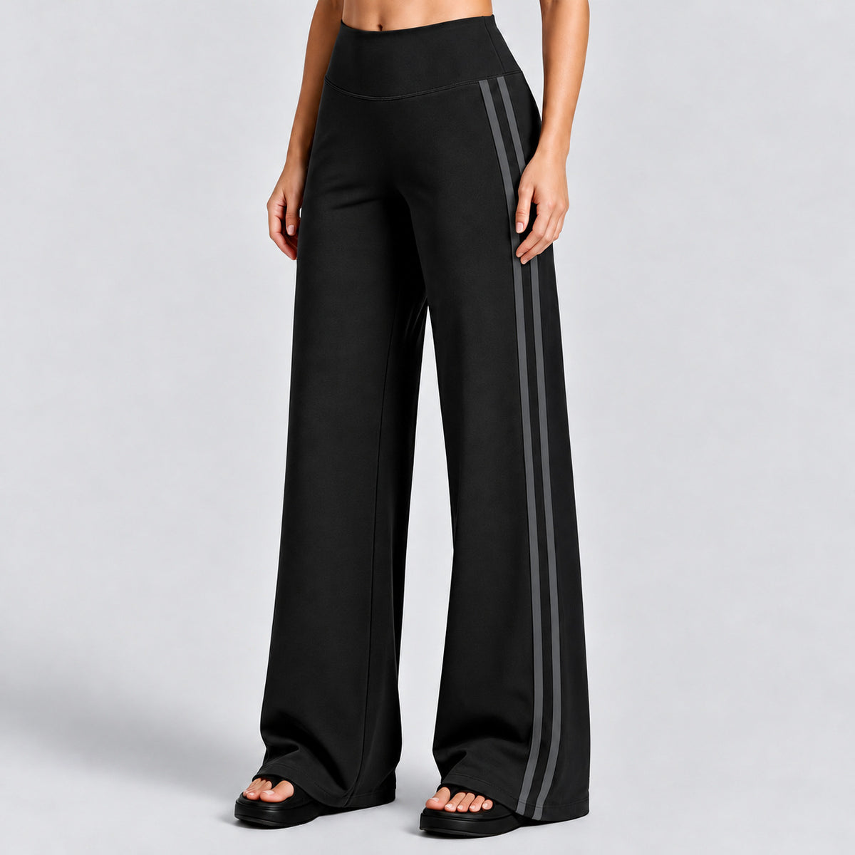 Wholesale Women’s Quick-Dry Yoga Set | Backless Halter Sports Top & Relaxed Straight-Leg Trousers | fouregg - Pants, black with dark gray trim