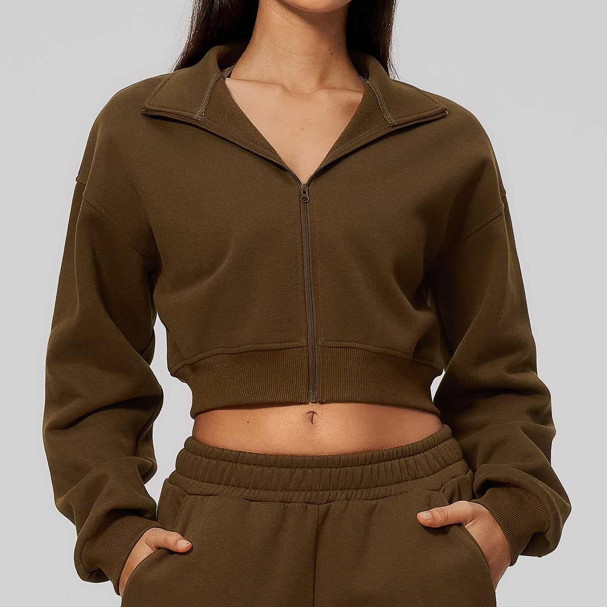 Wholesale Women’s Cropped Sports Jacket | Bulk Warm Windproof Fleece 3615 | fouregg - Agarwood Brown