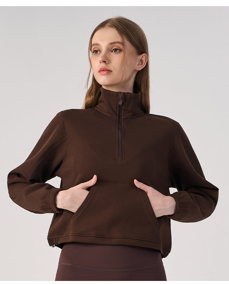 Wholesale Women’s Cropped Sweatshirt | Bulk Relaxed-Fit Half-Zip Workout Top | fouregg