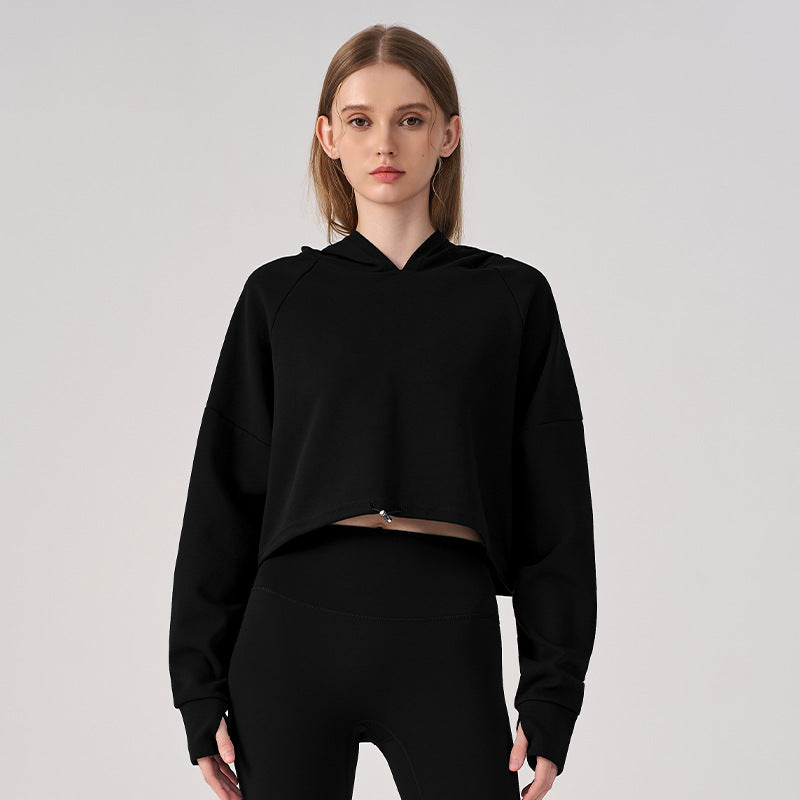 Wholesale Women’s Cropped Sweatshirt | Bulk Relaxed-Fit Hooded Workout Top | fouregg - Black