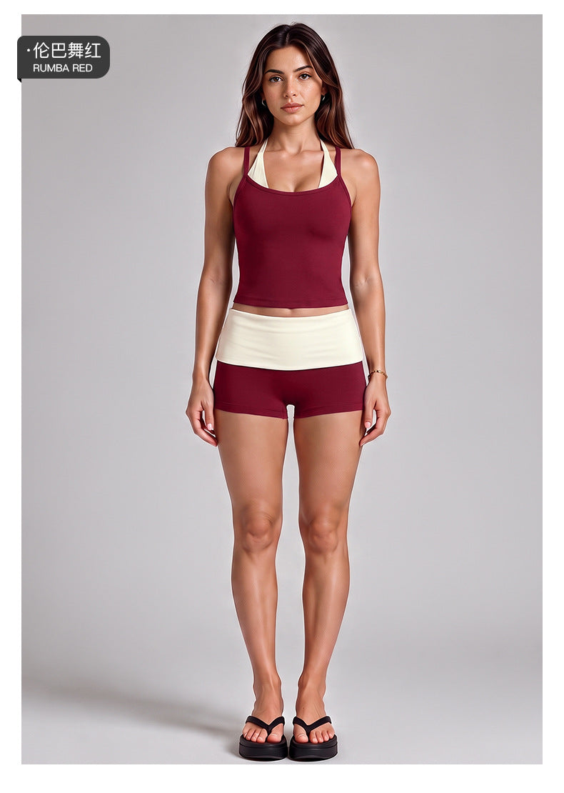 Wholesale Women’s Activewear Set | Halter Sports Top & Color-Block High-Waisted Yoga Pants | fouregg