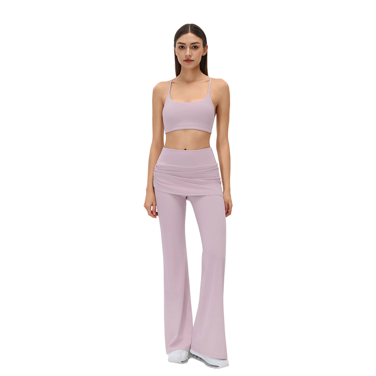 Wholesale Women’s Pilates Outfit | Backless Yoga Tank & High-Waist Faux-Layered Flare Pants | fouregg