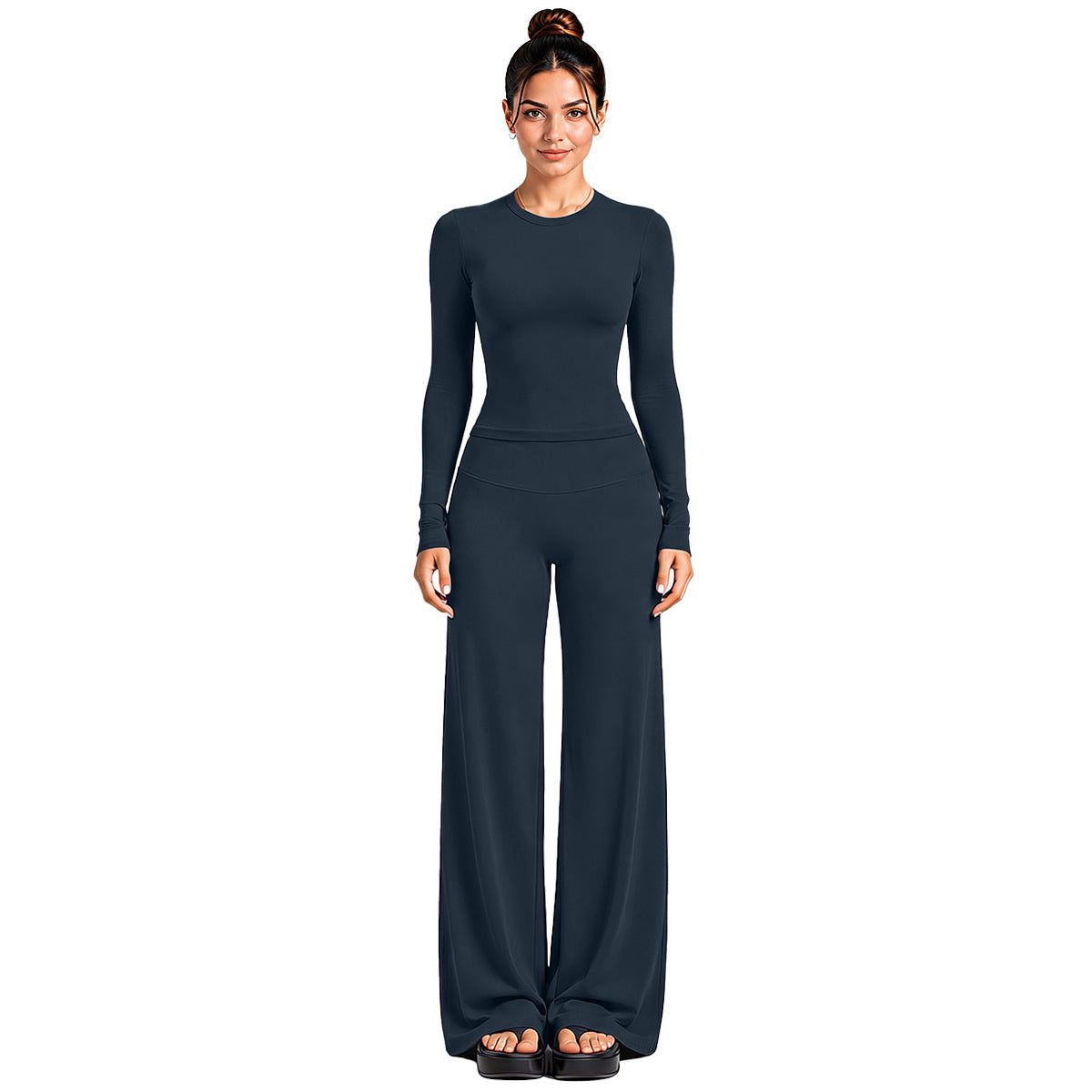Wholesale Women’s Activewear Set | Fitted Long Sleeve Tee & Loose Straight-Leg Workout Trousers | fouregg