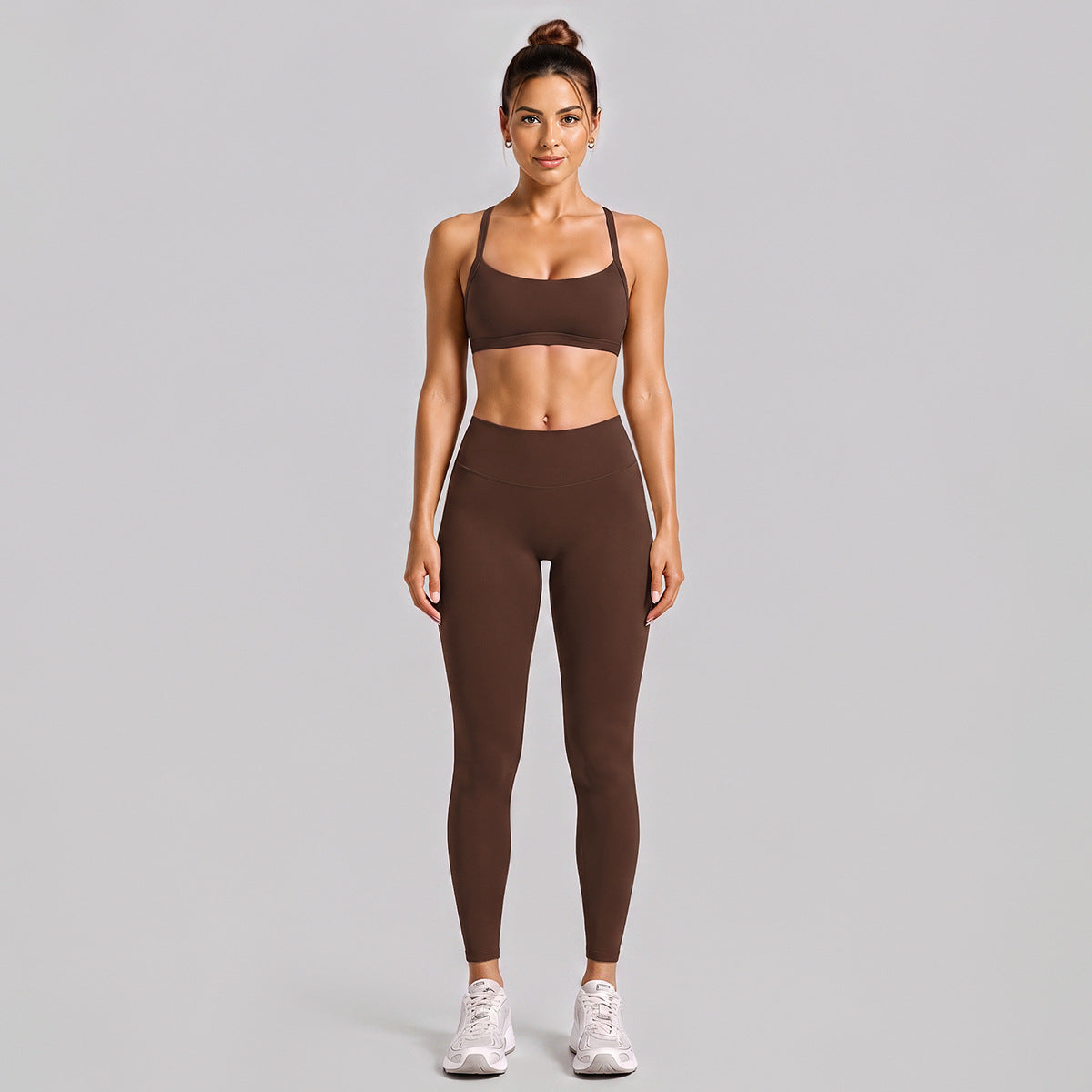 Wholesale Women’s Activewear Set | Halter Neck Sports Bra for Running, Cycling & Pilates | fouregg - Slim-Fit Long Set, Dark Coffee Brown