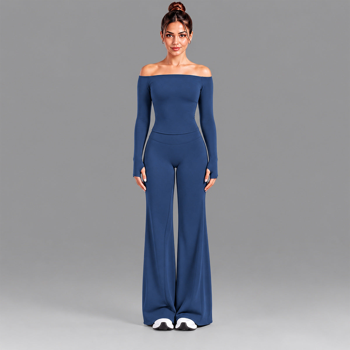 Wholesale Women’s Seamless Activewear Set | Slim-Fit Off-Shoulder Top & Peach-Lift Yoga Pants | fouregg - Long Sleeve + Flare Pants Steel Blue