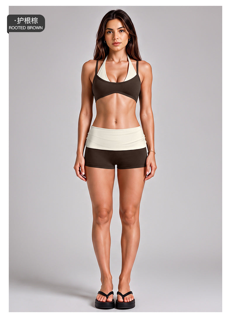 Wholesale Women’s Activewear Set | Backless Halter Bra & Color-Block High-Waisted Yoga Pants | fouregg