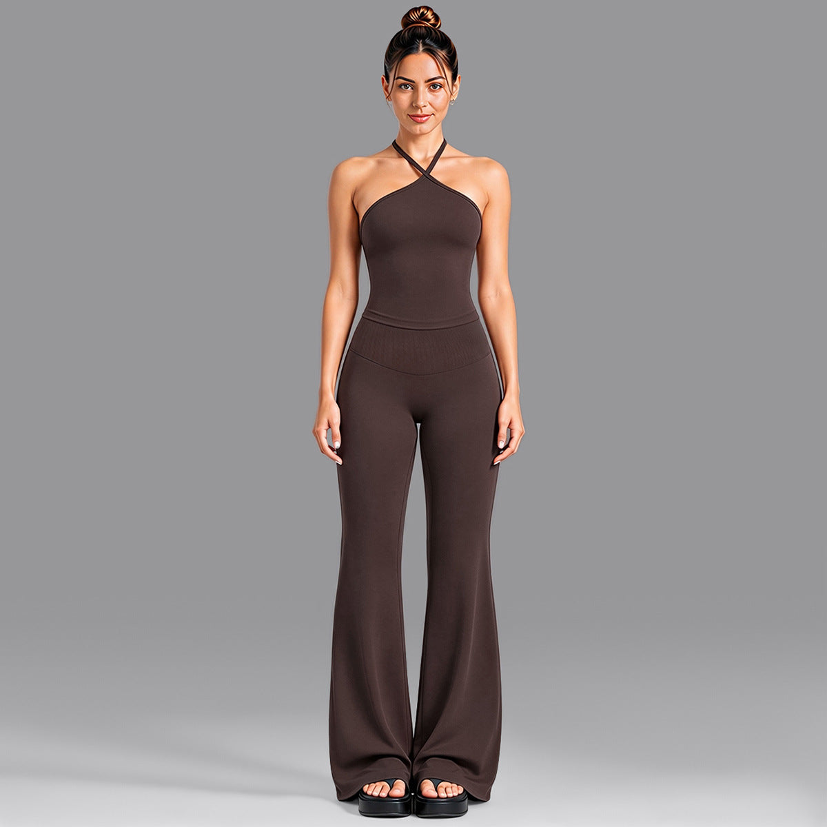 Wholesale Women’s Activewear Set | Contrast Stripe Workout Top & Casual Fitness Leggings | fouregg - Tank Top + Flared Pants, Dark Coffee