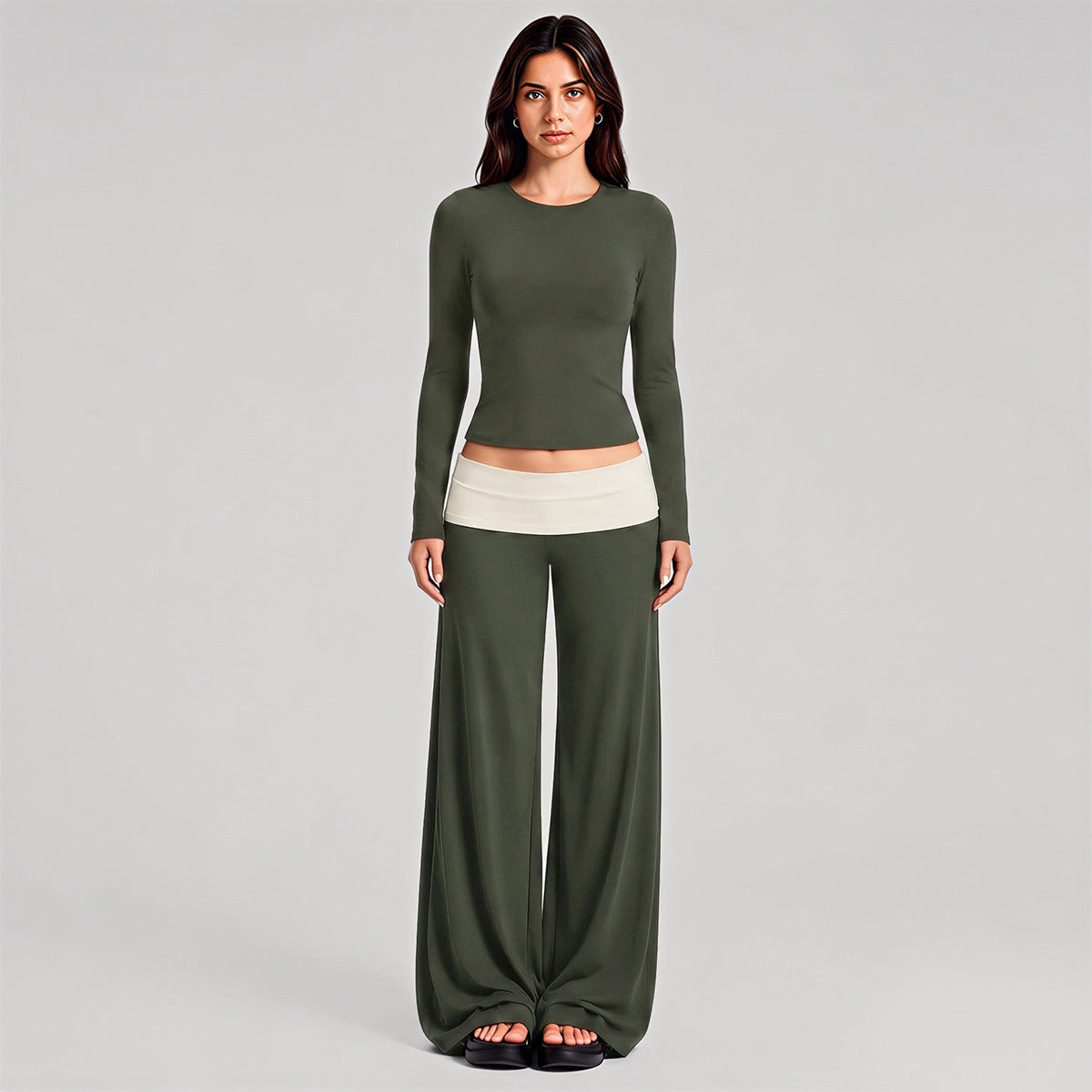 Wholesale Women’s Activewear Set | Fitted Sports Tank & Color-Block Polka Dot Workout Pants | fouregg - 1356 Long Sleeve + 6187 Pants Olive Green