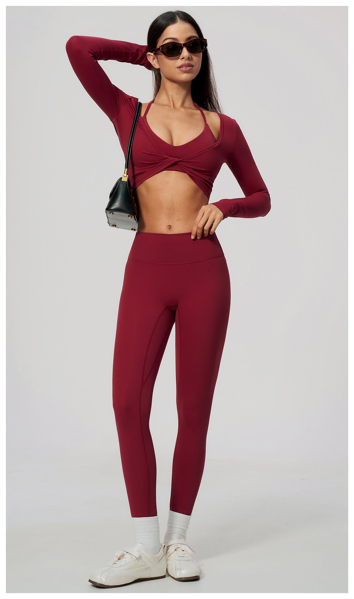 Wholesale Women’s Brushed Activewear Set 5529 | Slim-Fit Halter, Stand-Collar Jacket & Sculpting Pants | fouregg