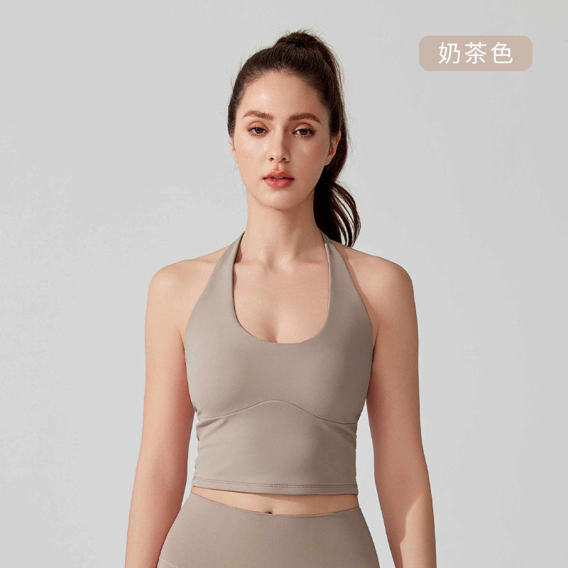 02/2025 Summer antibacterial hanging neck strap back sports underwear wide shoulder strap shock-proof running fitness bra Yoga vest