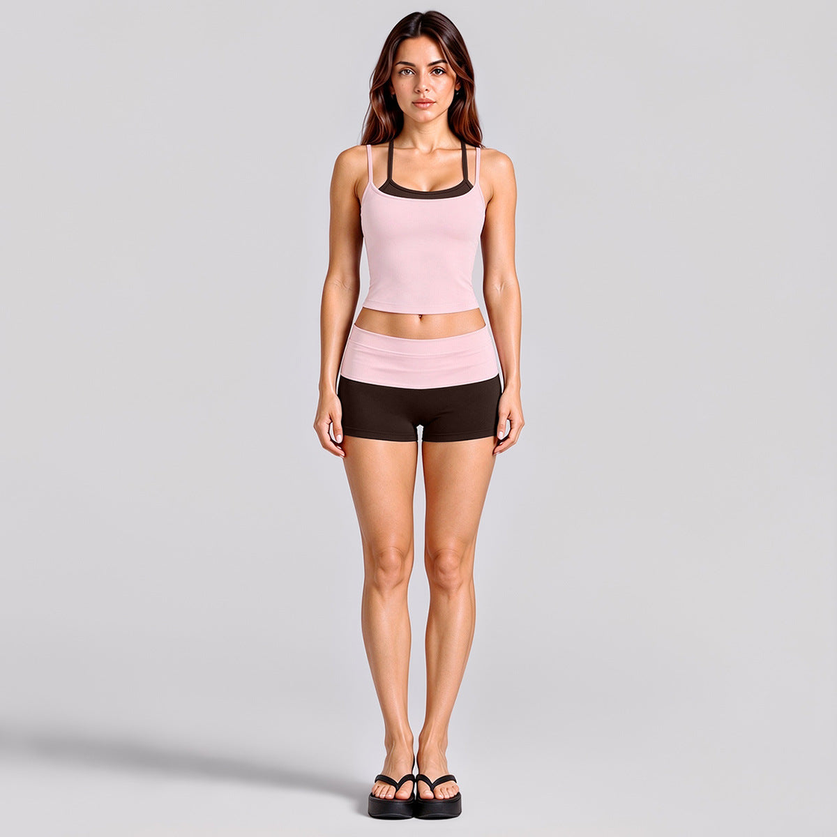 Wholesale Women’s Activewear Set | Layered Sports Tank & High-Waisted Workout Pants | fouregg - Tank top + Shorts, Pink and Root Brown