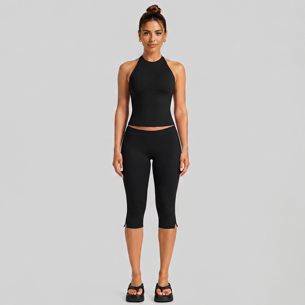 Wholesale Women’s Activewear Set | Halter Neck Workout Top & High-Stretch Pilates Leggings | fouregg - Mid-length Pants Set, Black