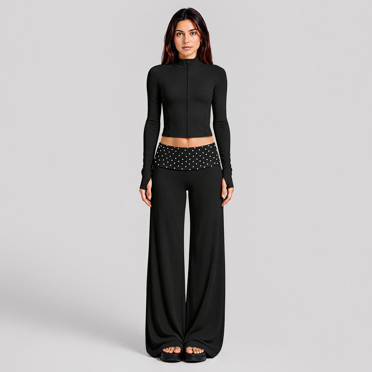 Wholesale Women’s Activewear Set | Quick-Dry Color-Block Track Jacket & Polka Dot Yoga Pants | fouregg - XL37 Jacket + 6181 Pants, Black