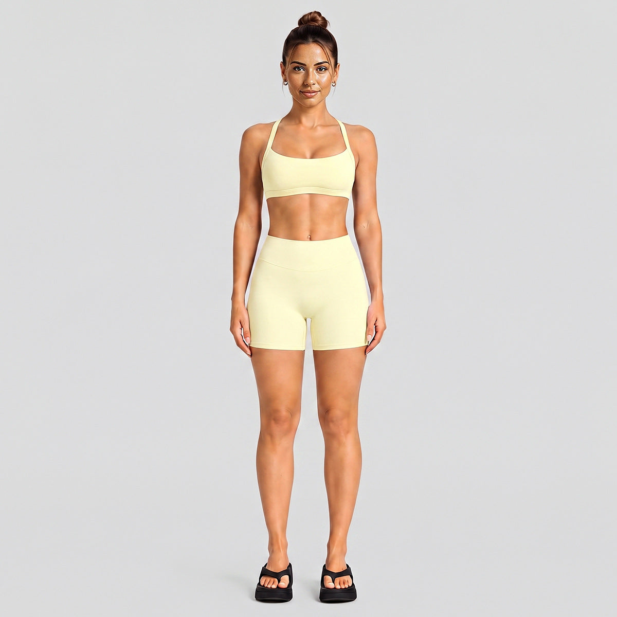Wholesale Women’s Activewear Set | Halter Neck Sports Bra for Running, Cycling & Pilates | fouregg - Shorts Set, Cream Yellow