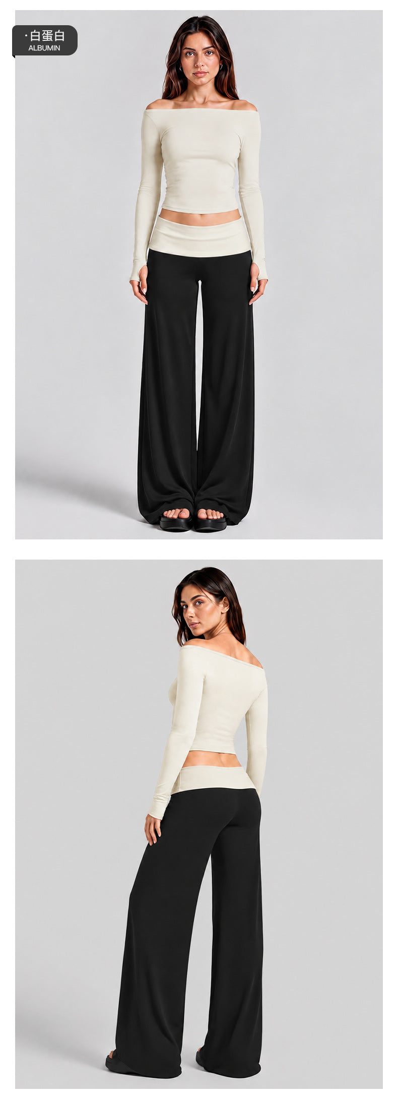 Wholesale Women’s Activewear Set | Quick-Dry Long Sleeve Off-Shoulder Top & High-Waisted Workout Pants | fouregg