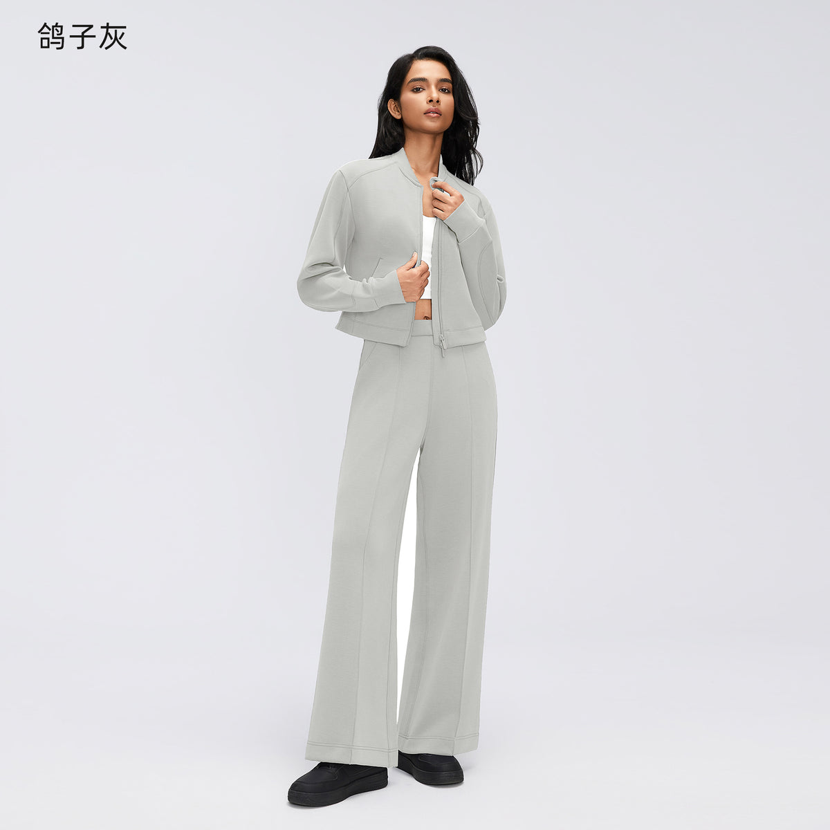 Wholesale Women’s Casual Activewear Set | Relaxed Cropped Sports Jacket & Straight-Leg Trousers | fouregg - Dove Gray D26156+D26159