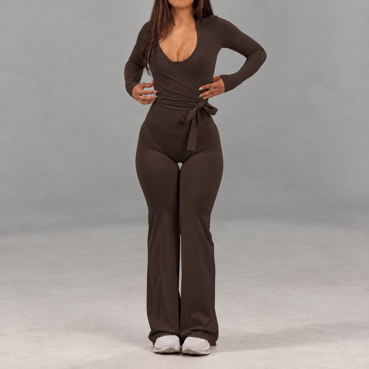 Wholesale Women’s Activewear Jumpsuit | Backless Quick-Dry Halter Flared Workout One-Piece | fouregg - 6277 Long Sleeve + Jumpsuit Root Brown