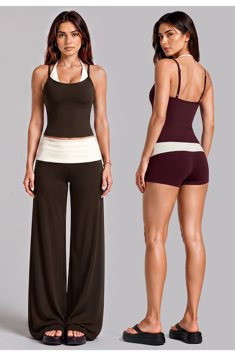 Wholesale Women’s Activewear Set | Halter Sports Top & Color-Block High-Waisted Yoga Pants | fouregg