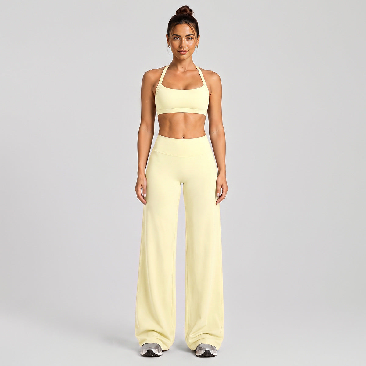 Wholesale Women’s Activewear Set | Halter Neck Sports Bra for Running, Cycling & Pilates | fouregg - Wide-Leg Long Set, Cream Yellow