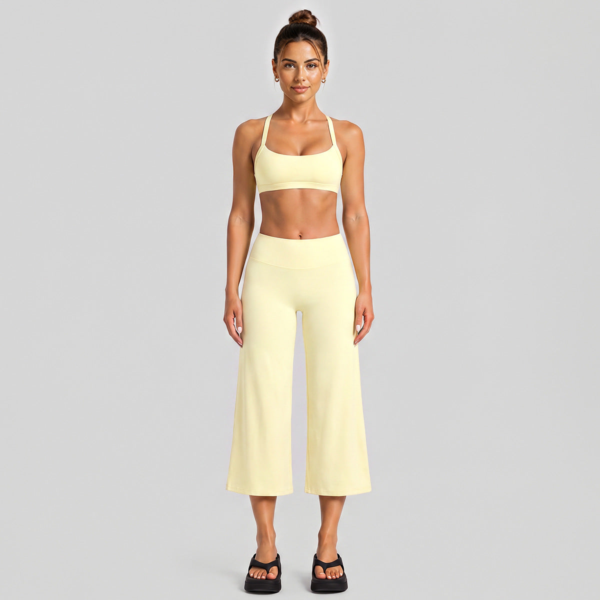 Wholesale Women’s Activewear Set | Halter Neck Sports Bra for Running, Cycling & Pilates | fouregg - Wide-Leg Mid-Length Set, Cream Yellow