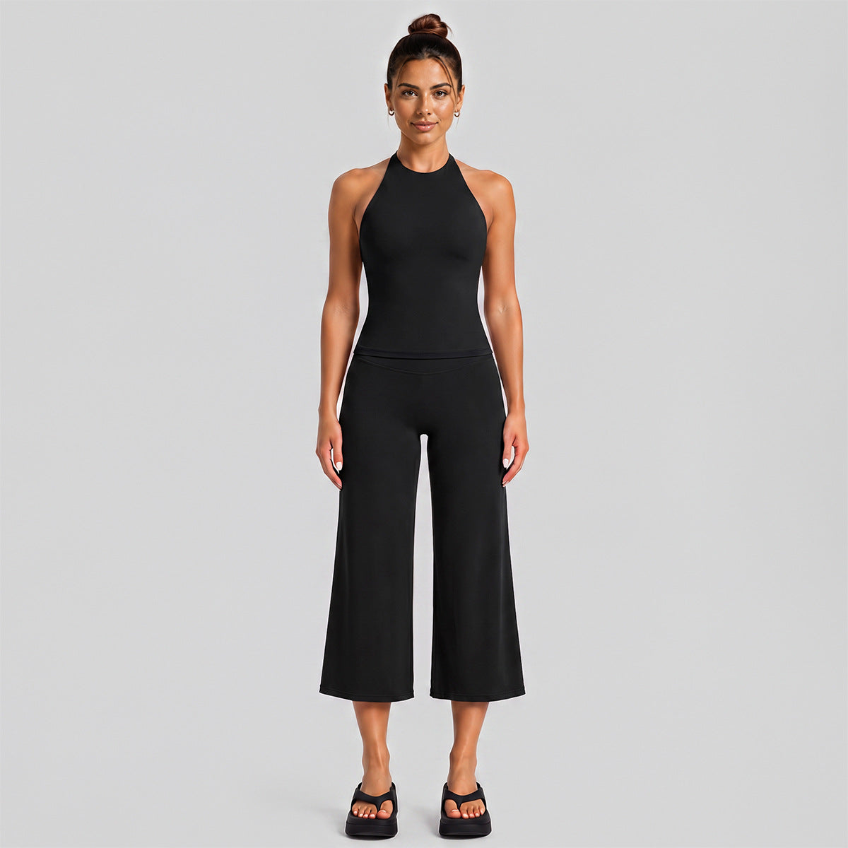 Wholesale Women’s Activewear Set | Slimming Sports Tank & Loose-Fit Workout Pants | fouregg - Wide-Leg Mid-Length Set, Black