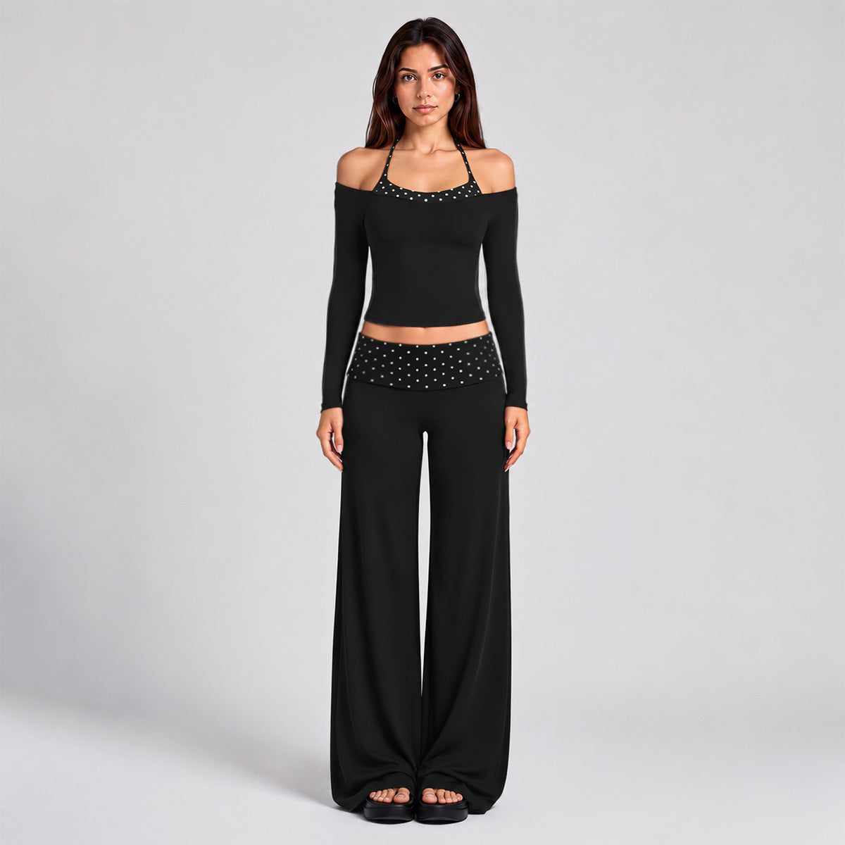Wholesale Women’s Activewear Set | Long Sleeve Mock-Layer Halter Top & Straight-Leg Yoga Pants | fouregg - Long Sleeve and Pants Black with Black and White Dots