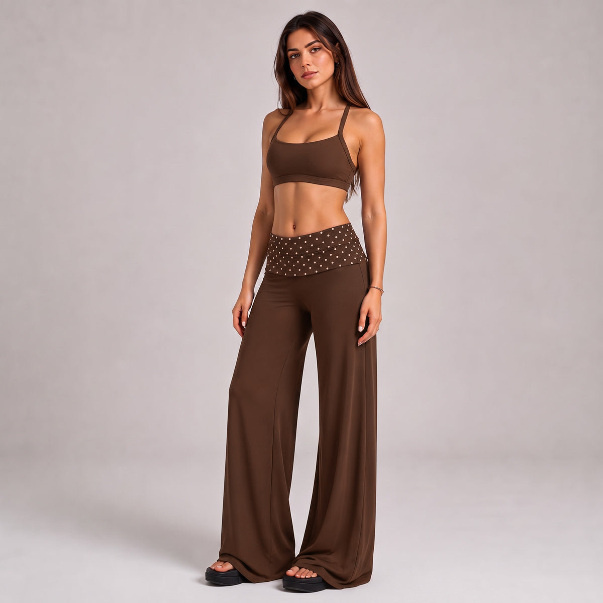 Wholesale Women’s Quick-Dry Activewear Set | Open-Back Halter Bra & Polka Dot Workout Pants | fouregg - Pants + underwear, deep coffee brown