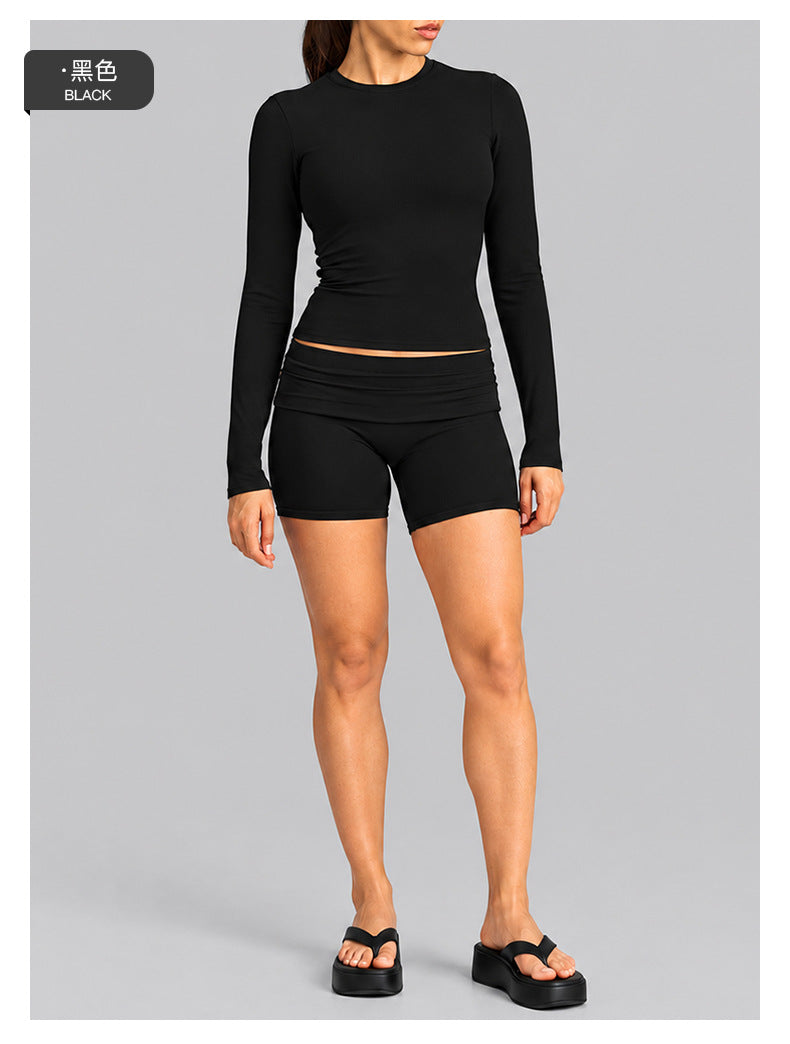 Wholesale Women’s Activewear Set | Fitted Long Sleeve Tee & Loose-Fit Foldover Waist Workout Pants | fouregg
