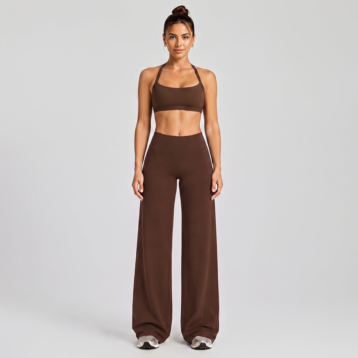 Wholesale Women’s Activewear Set | Halter Neck Sports Bra for Running, Cycling & Pilates | fouregg - Wide-Leg Long Set, Dark Coffee Brown