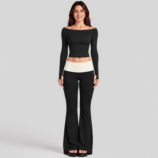 Wholesale Women’s Activewear Set | Quick-Dry Long Sleeve Off-Shoulder Top & High-Waisted Workout Pants | fouregg - Long Sleeve + Flared Pants, Black