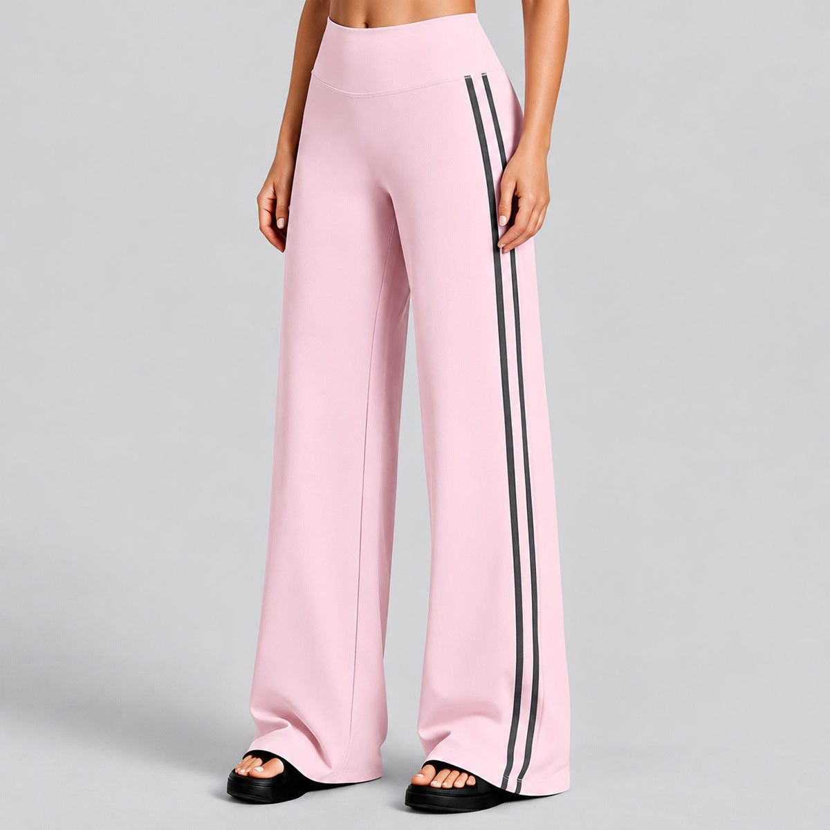 Wholesale Women’s Quick-Dry Yoga Set | Backless Halter Sports Top & Relaxed Straight-Leg Trousers | fouregg - Pants, pink with dark gray trim