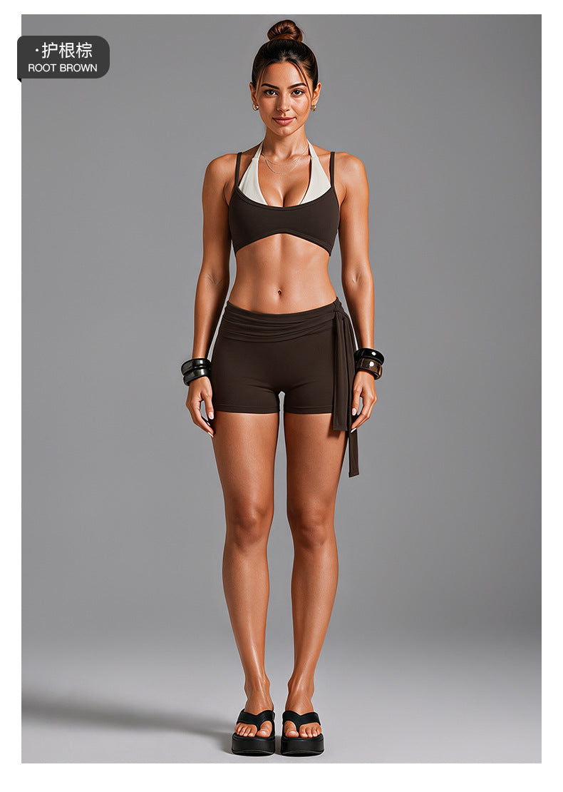 Wholesale Women’s Open-Back Activewear Set | Halter Yoga Bra & Ballet-Style Tie-Waist Pants | fouregg