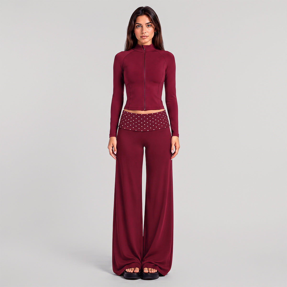 Wholesale Women’s Activewear Set | Slim-Fit Zip-Up Jacket & Contrast Polka Dot Foldover Waist Pants | fouregg - Rumba Red