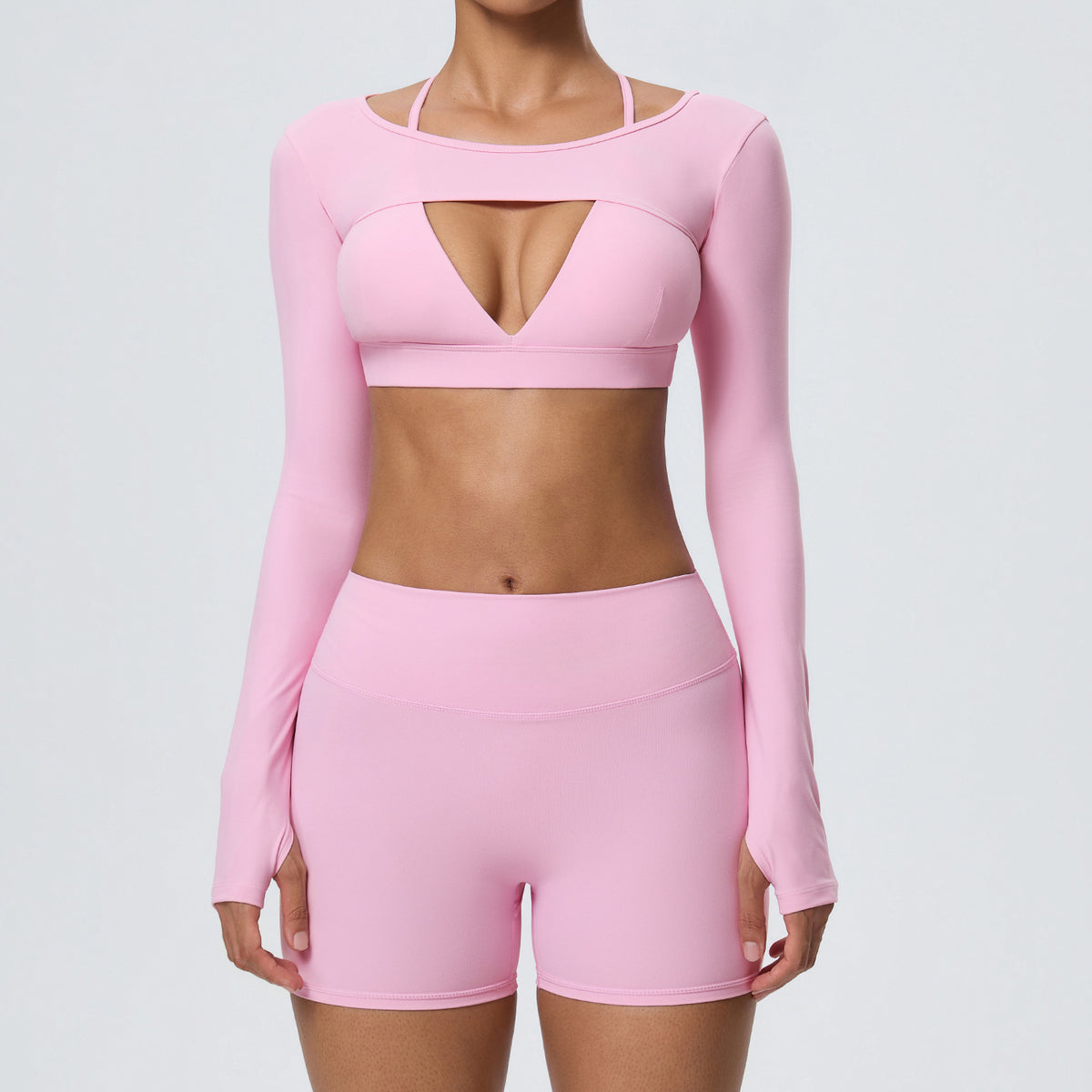 Wholesale Women’s Double-Brushed Yoga Set | Bulk Sports Bra, Sculpting Shorts & Cover-Up | fouregg - Peony Pink